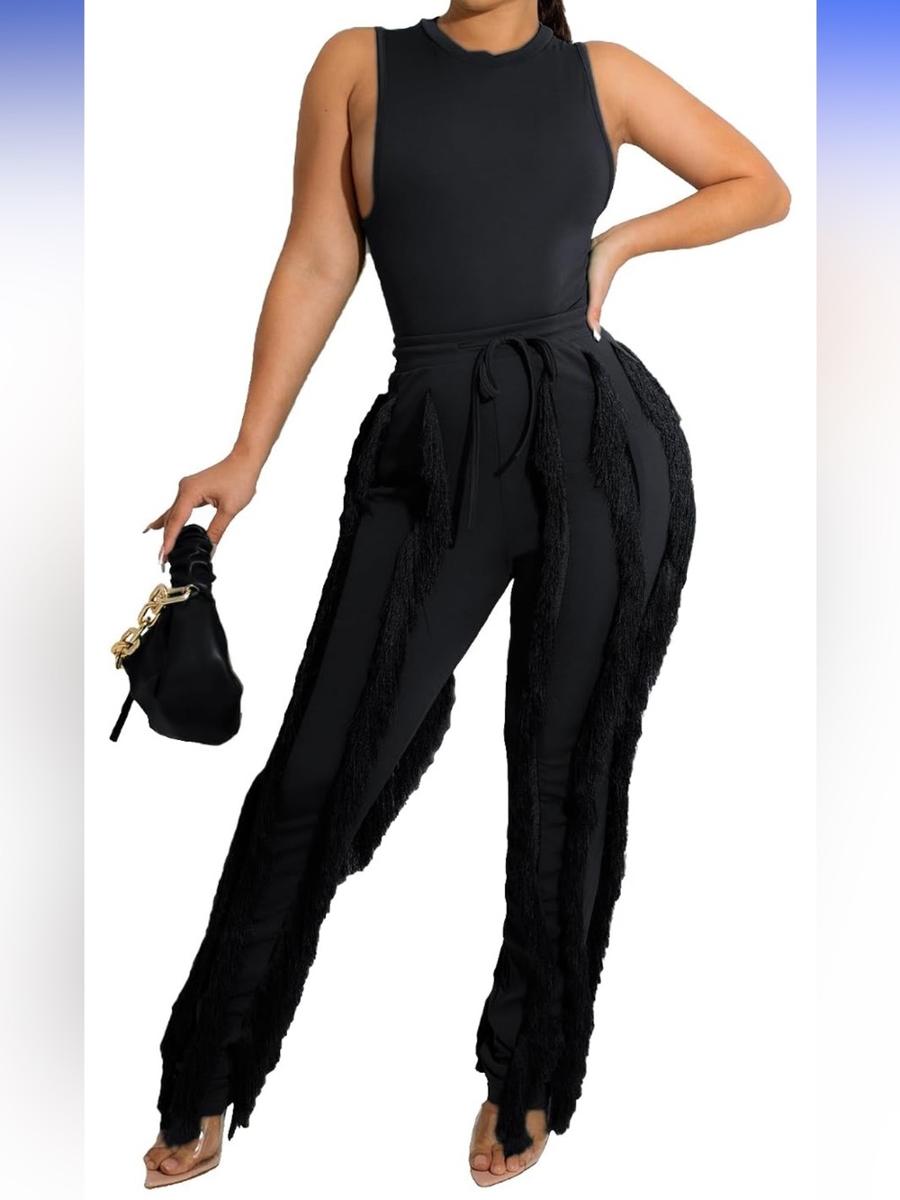 Women’s Black Fringe Detail High-Waist Pants size S BNWOT